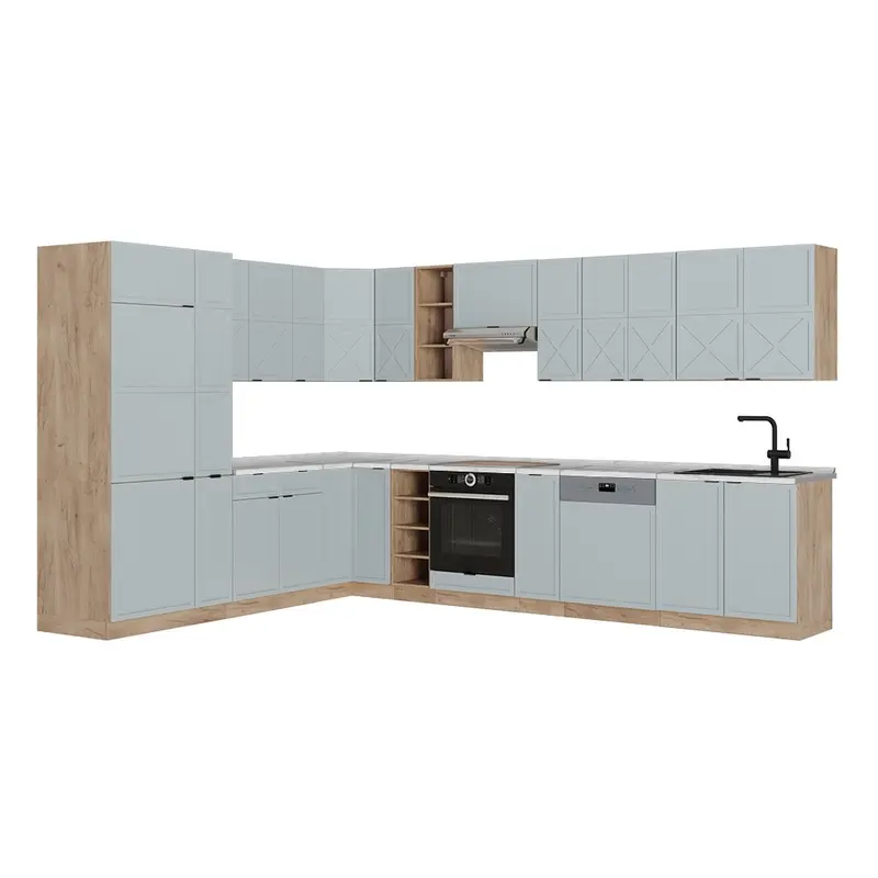 Cucina angolare completa Fame-Line Blu-grigio chiaro/Rovere dorato 347 x 257 cm, PL Marmo Vicco
