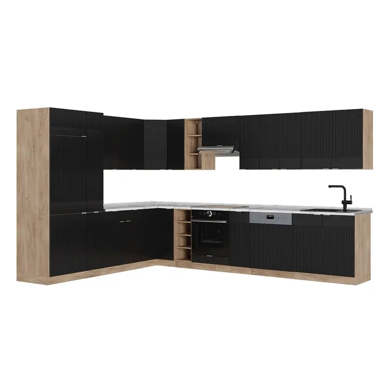 Cucina angolare completa Fame-Line Nero rigato/Rovere dorato 347 x 257 cm, PL Marmo Vicco