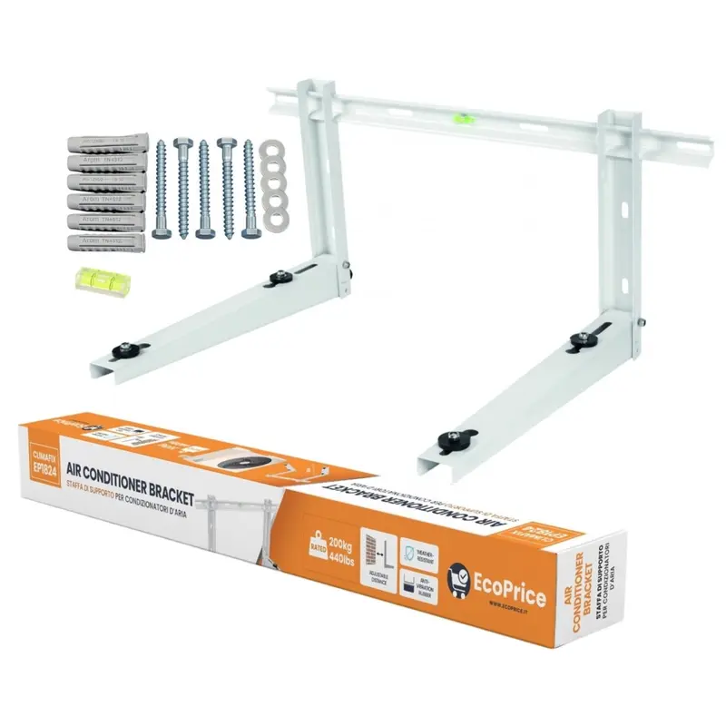 Staffa Climatizzatore in Acciaio Inossidabile Verniciata Bianca, Resistente alle Intemperie, Supporto Condizionatore 200kg, 18000-24000BTU, Piedini Antivibrazione, Livella e Kit Montaggio